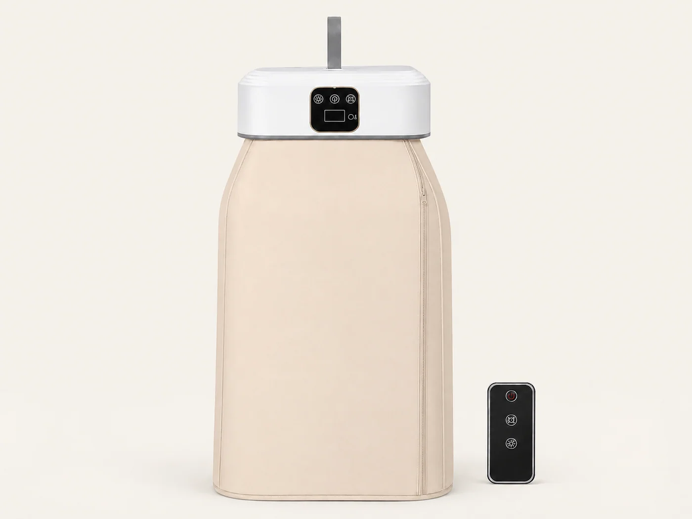 Portable clothes dryer and remote on a warm studio background